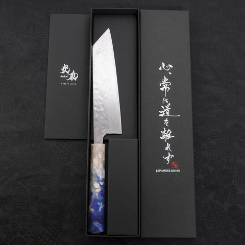Bunka AUS-10 Nashiji Damascus Mirror Ocean White Blue Handle 170mm (6.7”)