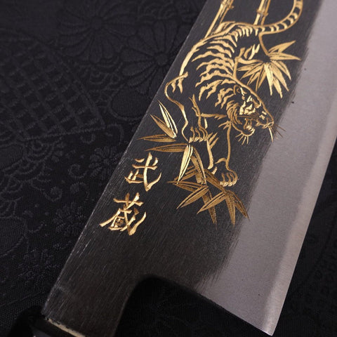 Bunka Blue Steel #2 Kurouchi Chokin Tiger-Bamboo Buffalo Ebony Handle 175mm-[Musashi]-[Japanese-Kitchen-Knives]