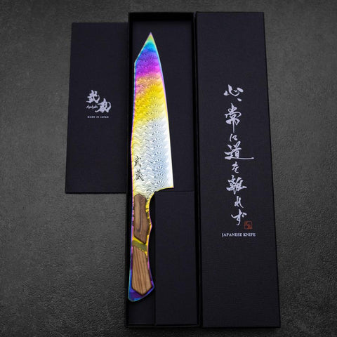 Bunka VG-10 Mirror Damascus Olive Handle 180mm - Rainbow (7”)-[Musashi]-[Japanese-Kitchen-Knives]