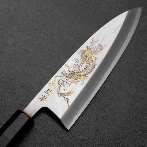 Deba White Steel #2 Kasumi Chokin Dragon Buffalo Ebony Handle 180mm (7”)