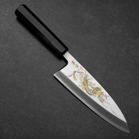Deba White Steel #2 Kasumi Chokin Dragon Buffalo Ebony Handle 180mm (7”)