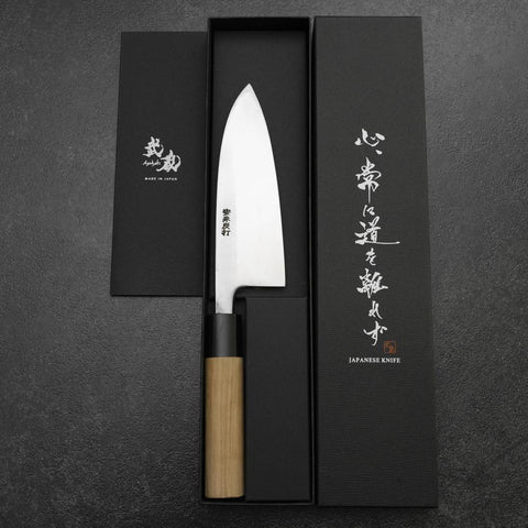 Deba White Steel #2 Left-Hand Kurouchi Tsuchime Cherry Handle 150mm-[Musashi]-[Japanese-Kitchen-Knives]