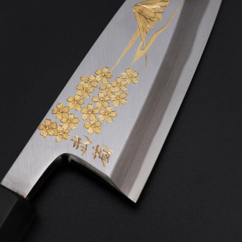 Deba White Steel #2 Kasumi Chokin Gold Sakura-Fuji Buffalo Ebony Handle 150mm (5.9”)