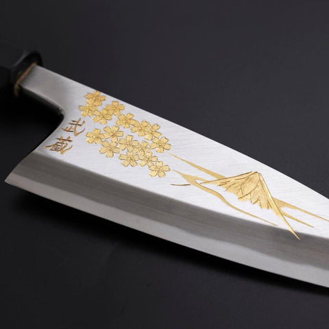 Deba White Steel #2 Kasumi Chokin Gold Sakura-Fuji Buffalo Ebony Handle 150mm (5.9”)