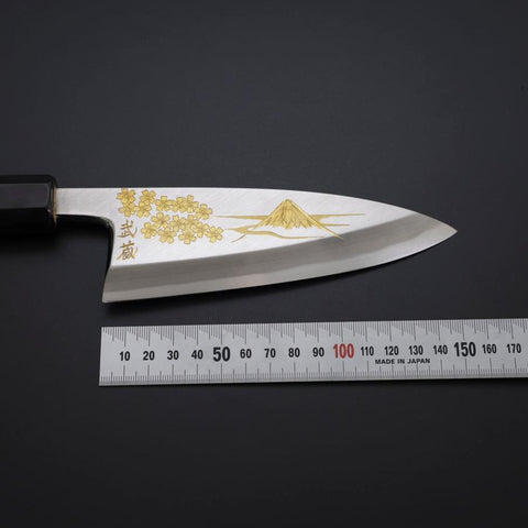 Deba White Steel #2 Kasumi Chokin Gold Sakura-Fuji Buffalo Ebony Handle 150mm (5.9”)