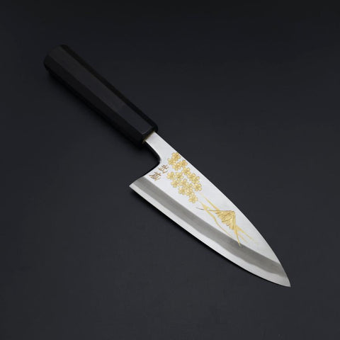 Deba White Steel #2 Kasumi Chokin Gold Sakura-Fuji Buffalo Ebony Handle 150mm (5.9”)