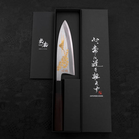 Deba White Steel #2 Kasumi Chokin Gold Sakura-Fuji Buffalo Ebony Handle 165mm-[Musashi]-[Japanese-Kitchen-Knives]