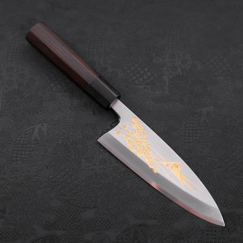 Deba White Steel #2 Kasumi Chokin Gold Sakura-Fuji Buffalo Ebony Handle 165mm-[Musashi]-[Japanese-Kitchen-Knives]