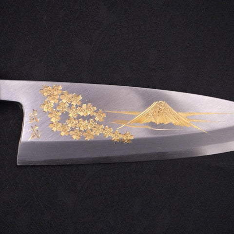 Deba White Steel #2 Kasumi Chokin Gold Sakura-Fuji Buffalo Ebony Handle 180mm (7”)