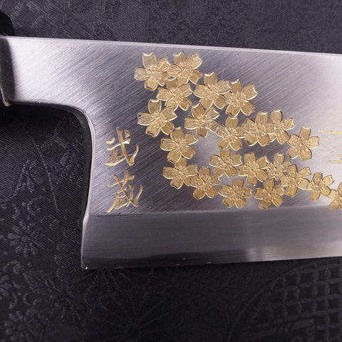 Deba White Steel #2 Kasumi Chokin Dorado Sakura-Fuji Mango de Ébano con cuerno de Búfalo 180mm