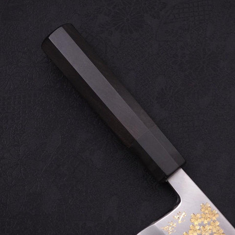 Deba White Steel #2 Kasumi Chokin Dorado Sakura-Fuji Mango de Ébano con cuerno de Búfalo 180mm