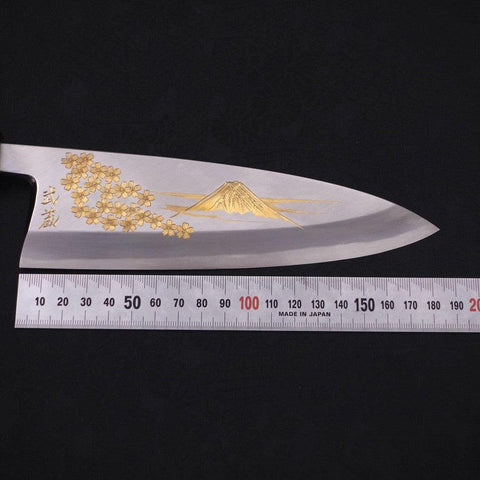 Deba White Steel #2 Kasumi Chokin Dorado Sakura-Fuji Mango de Ébano con cuerno de Búfalo 180mm