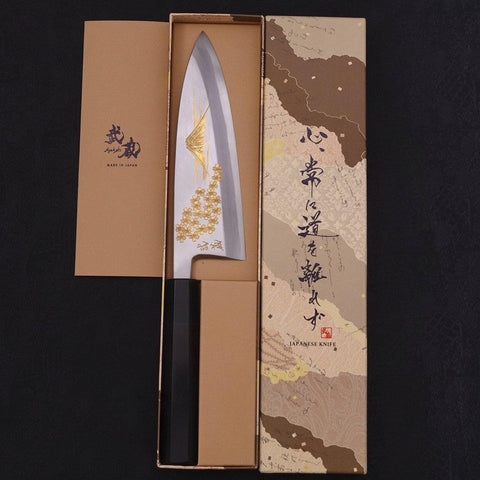 Deba White Steel #2 Kasumi Chokin Dorado Sakura-Fuji Mango de Ébano con cuerno de Búfalo 180mm