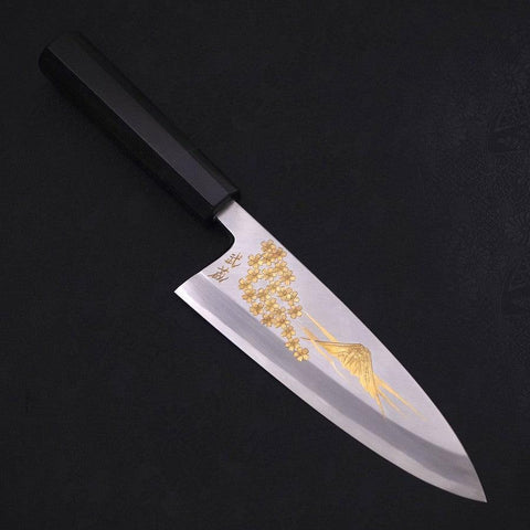 Deba White Steel #2 Kasumi Chokin Gold Sakura-Fuji Buffalo Ebony Handle 180mm (7”)