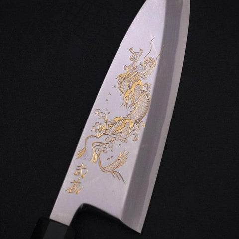Deba White Steel #2 Kasumi Chokin Silver Dragon Buffalo Ebony Handle 170mm-[Musashi]-[Japanese-Kitchen-Knives]