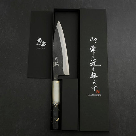 Funayuki Blue Steel #2 Kurouchi Ocean Black White Gold Handle 165mm (6.5”)-[Musashi]-[Japanese-Kitchen-Knives]