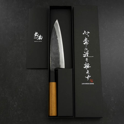 Funayuki Sabaki Blue Steel #2 Kurouchi Mango de Teca con Cuerno de Búfalo 165mm