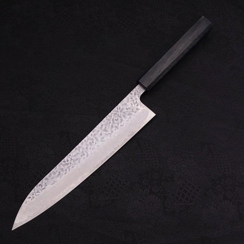 Gyuto AUS-10 Tsuchime Damascus Dark-Blue Urushi Handle 240mm-[Musashi]-[Japanese-Kitchen-Knives]