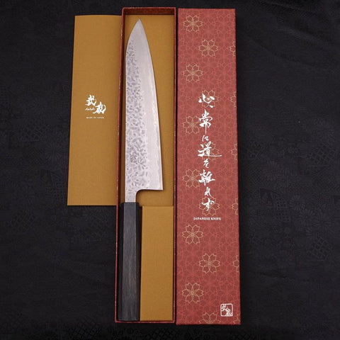 Gyuto AUS-10 Tsuchime Damascus Dark-Blue Urushi Handle 240mm-[Musashi]-[Japanese-Kitchen-Knives]