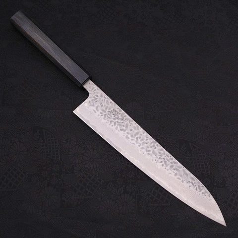 Gyuto AUS-10 Tsuchime Damascus Dark-Blue Urushi Handle 240mm-[Musashi]-[Japanese-Kitchen-Knives]
