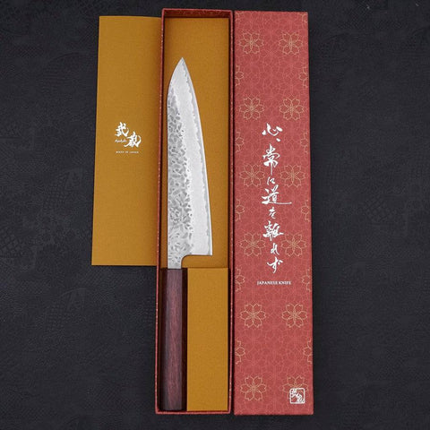 Gyuto AUS-10 Tsuchime Damascus Purple Urushi Handle 210mm-[Musashi]-[Japanese-Kitchen-Knives]