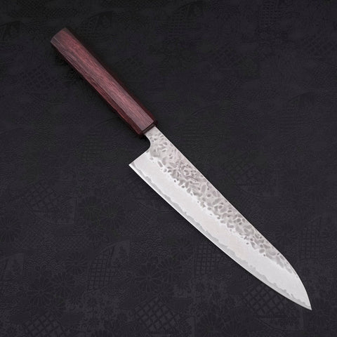 Gyuto AUS-10 Tsuchime Damascus Purple Urushi Handle 210mm-[Musashi]-[Japanese-Kitchen-Knives]