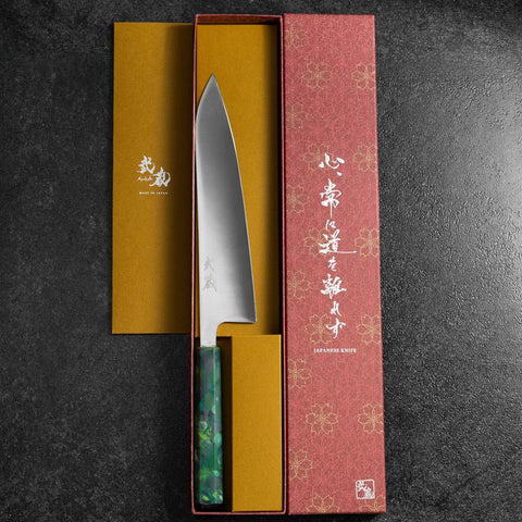 Gyuto AUS-8 Polished Ocean Green Handle 210mm (8.3”)-[Musashi]-[Japanese-Kitchen-Knives]