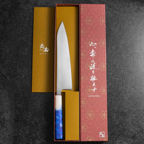 Gyuto AUS-8 Polished Ocean White Blue Handle 210mm (8.3”)-[Musashi]-[Japanese-Kitchen-Knives]