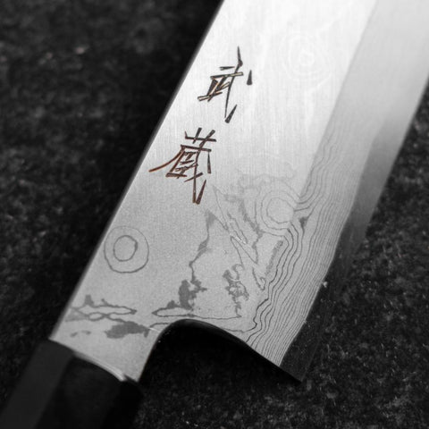 Gyuto Blue Steel #1 Suminagashi Buffalo Ebony Handle 200mm-[Musashi]-[Japanese-Kitchen-Knives]