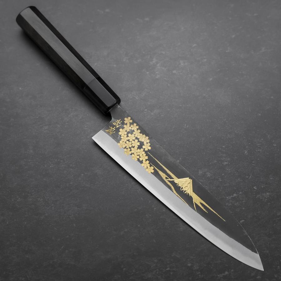 Gyuto Blue Steel #2 Chokin Kurouchi Sakura Fuji Buffalo Ebony Handle 210mm (8.3”)-[Musashi]-[Japanese-Kitchen-Knives]