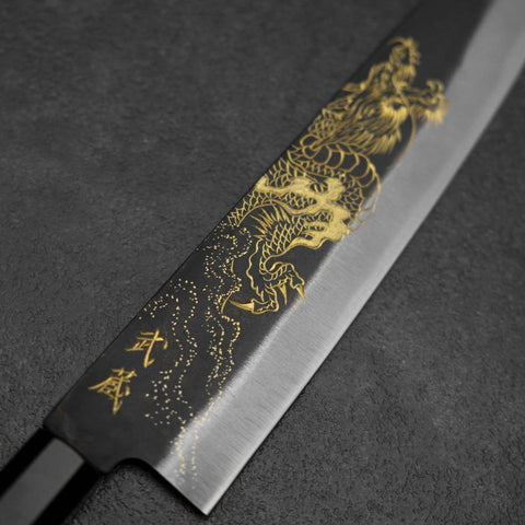 Gyuto Blue Steel #2 Kurouchi Chokin Dragon Buffalo Ebony Handle 210mm (8.3”)-[Musashi]-[Japanese-Kitchen-Knives]