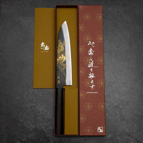 Gyuto Blue Steel #2 Kurouchi Chokin Dragon Buffalo Ebony Handle 210mm (8.3”)-[Musashi]-[Japanese-Kitchen-Knives]