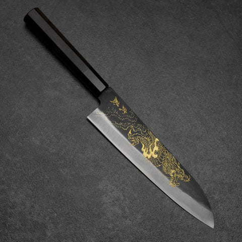 Gyuto Blue Steel #2 Kurouchi Chokin Dragon Buffalo Ebony Handle 210mm (8.3”)-[Musashi]-[Japanese-Kitchen-Knives]