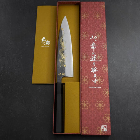 Gyuto Acero Azul #2 Kurouchi Chokin Dragón Mango de Ébano Búfalo 210mm