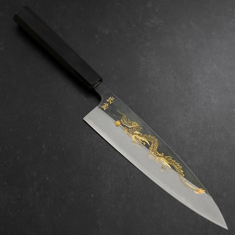Gyuto Acero Azul #2 Kurouchi Chokin Dragón Mango de Ébano Búfalo 210mm