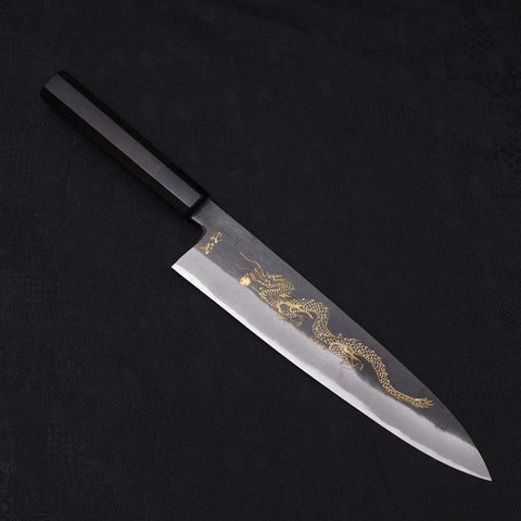 Gyuto Blue Steel #2 Kurouchi Chokin Dragon Buffalo Ebony Handle 240mm (9.4”)-[Musashi]-[Japanese-Kitchen-Knives]