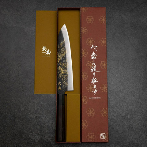 Gyuto Blue Steel #2 Kurouchi Chokin Hannya Buffalo Ebony Handle 210mm-[Musashi]-[Japanese-Kitchen-Knives]