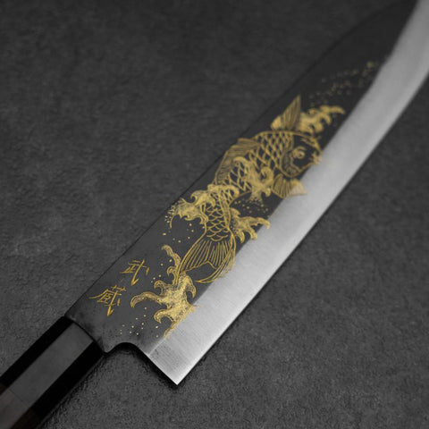 Gyuto Blue Steel #2 Kurouchi Chokin Koi Buffalo Ebony Handle 210mm (8.3”)-[Musashi]-[Japanese-Kitchen-Knives]