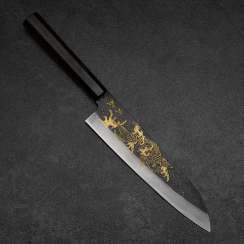 Gyuto Blue Steel #2 Kurouchi Chokin Koi Buffalo Ebony Handle 210mm (8.3”)-[Musashi]-[Japanese-Kitchen-Knives]