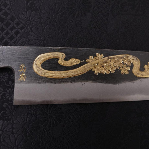 Gyuto Blue Steel #2 Kurouchi Chokin Snake-Sakura Buffalo Ebony Handle 210mm (8.3”)-[Musashi]-[Japanese-Kitchen-Knives]