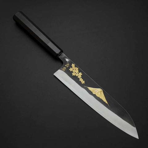 Gyuto Blue Steel #2 Kurouchi Stainless Clad Chokin Sakura-Fuji Buffalo Ebony Handle 210mm (8.3”)-[Musashi]-[Japanese-Kitchen-Knives]