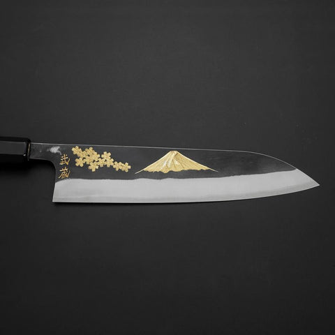 Gyuto Blue Steel #2 Kurouchi Stainless Clad Chokin Sakura-Fuji Buffalo Ebony Handle 210mm-[Musashi]-[Japanese-Kitchen-Knives]