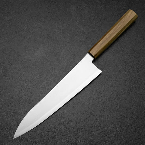 Gyuto Blue Steel #2 Polished Stainless Clad Olive Handle 210mm (8.3”)-[Musashi]-[Japanese-Kitchen-Knives]