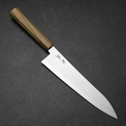 Gyuto Blue Steel #2 Polished Stainless Clad Olive Handle 210mm (8.3”)-[Musashi]-[Japanese-Kitchen-Knives]