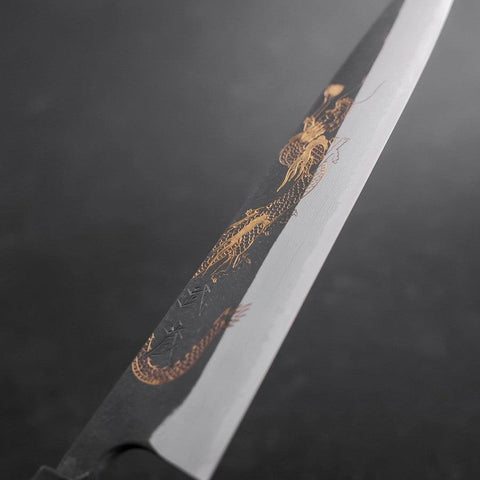 Gyuto Blue Steel #2 Kurouchi Damascus Chokin Dragon Buffalo Ebony Handle 240mm-[Musashi]-[Japanese-Kitchen-Knives]