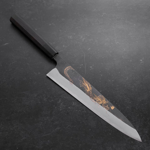 Gyuto Blue Steel #2 Kurouchi Damascus Chokin Dragon Buffalo Ebony Handle 240mm-[Musashi]-[Japanese-Kitchen-Knives]