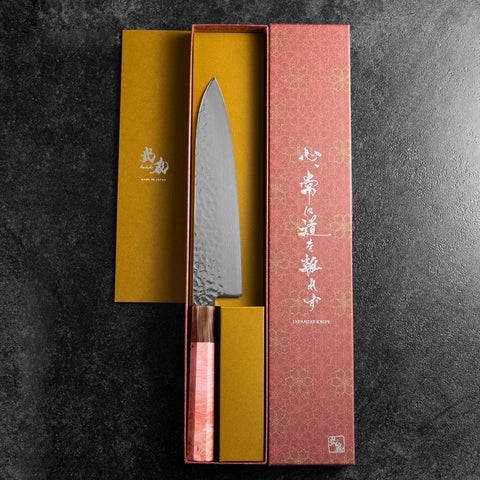 Gyuto VG-10 Mirror Tsuchime Damascus Dark Pink Buffalo Maple Handle 210mm (8.3”)-[Musashi]-[Japanese-Kitchen-Knives]