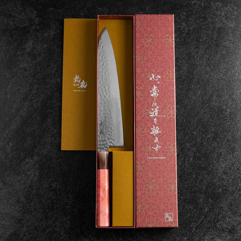 Gyuto VG-10 Mirror Tsuchime Damascus Dark Pink Buffalo Maple Handle 240mm (9.4”)-[Musashi]-[Japanese-Kitchen-Knives]