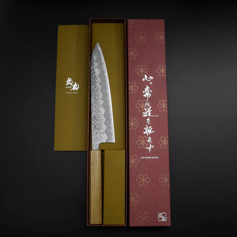Gyuto White Steel #1 Tsuchime Oak Handle 210mm (8.3”)-[Musashi]-[Japanese-Kitchen-Knives]