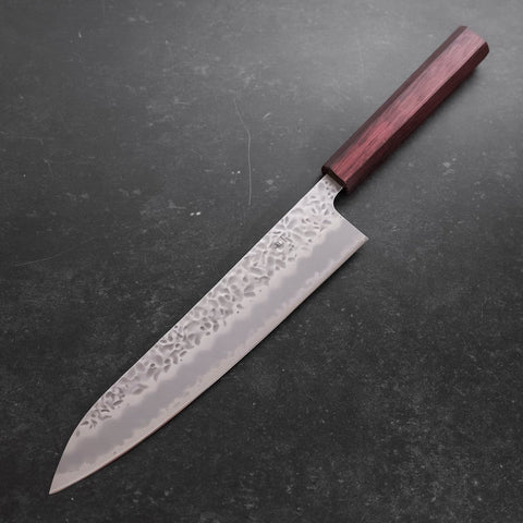Gyuto White Steel #1 Stainless Clad Tsuchime Purple Urushi Handle 240mm-[Musashi]-[Japanese-Kitchen-Knives]